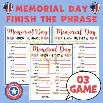 Preview of Memorial Day Finish the Phrase activity word problem crossword middle high 7th