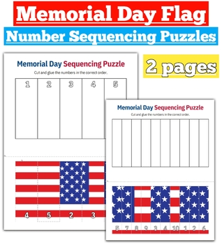 Preview of Memorial Day Flag Number Sequencing Puzzles | Fine Motor Skills and Problem-sol