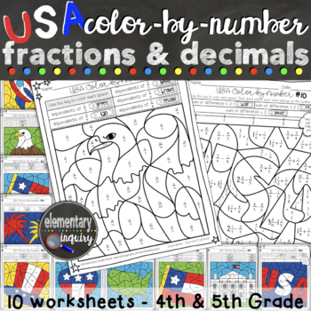 Preview of Memorial Day Fractions and Decimals Color by Number Math Activity Worksheets