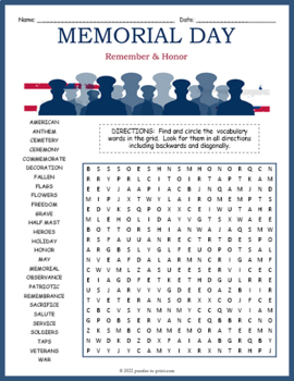 Memorial Day Word Search Puzzle Worksheet Activity By Puzzles To Print