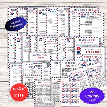 Preview of Memorial Day Games Classroom, Picnic,  Activities, Trivia Games for Kids, Teens,