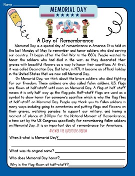 Preview of Memorial Day History Article FUN Reading Comprehension Question Answer Worksheet