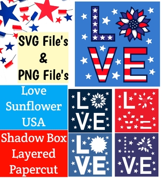 Preview of Memorial Day Holidays - American Flag Love Sunflower Shadow Box Layered Papercut