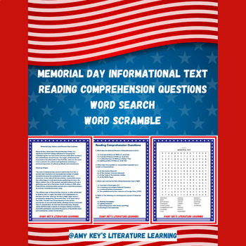 Preview of Memorial Day Informational Text Reading Comprehension Questions Word Search