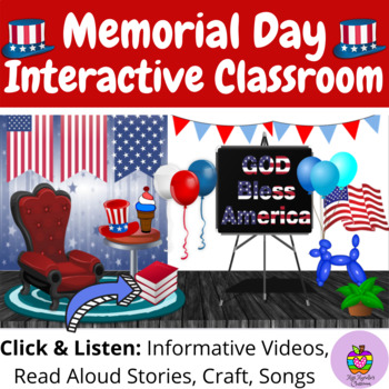 Preview of Memorial Day Interactive Virtual Bitmoji Classroom: Books, Craft, Songs, Videos