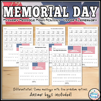 Preview of Memorial Day Mystery Message Math Worksheet {Upper Elementary - Differentiated}