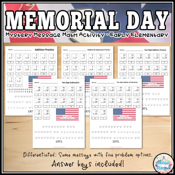 Preview of Memorial Day Mystery Message Math Worksheet {Early Elementary - Differentiated}