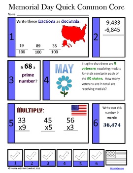 Memorial Day Math And Literacy Activities Fourth Grade Common Core