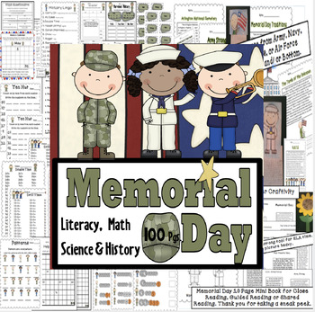 Preview of Memorial Day & Military Literacy Math Glyphs Craftivities & More