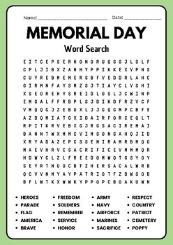 Memorial Day No Prep word search worksheet puzzle Activty by Miss Naina