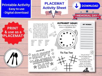 Preview of Memorial Day Printable Placemat, Activity Sheet, Table Mat Craft, Games & More