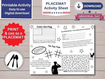 Preview of Memorial Day Printable Placemat, Activity Sheet, Table Mat Craft, Puzzles & More