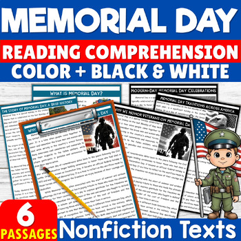 Preview of Memorial Day Reading Comprehension Passage Worksheets End of the Year Activities