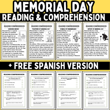 Preview of Memorial Day Reading Comprehension Passages | 1st to 3rd grade + free spanish