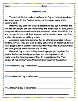 Preview of Memorial Day Reading Comprehension Worksheet