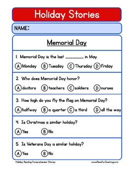 memorial day reading comprehension worksheet by have fun teaching