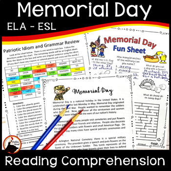 Preview of Memorial Day Reading Comprehension and ESL Activities - Worksheets & Puzzles