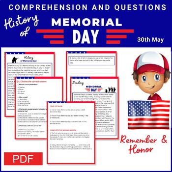 Preview of Memorial Day Reading comprehension ,writing prompts ,Memorial Day history