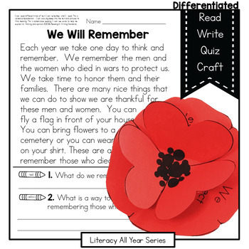 Preview of Memorial Day / Remembrance Day - Literacy & Craft