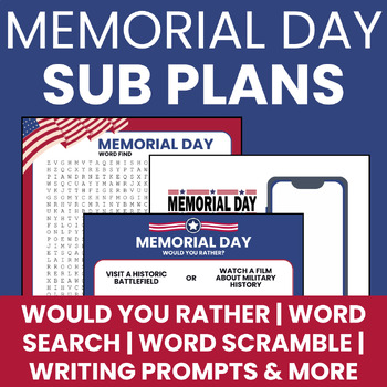 Preview of Memorial Day Sub Plans- Word Search/Writing/Word Scramble/Activity/Worksheet