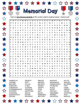 Preview of Memorial Day Word Search (50 Words)