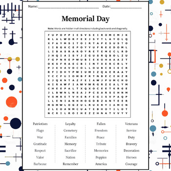 Memorial Day Word Search Puzzle  NO PREP Worksheets Activity