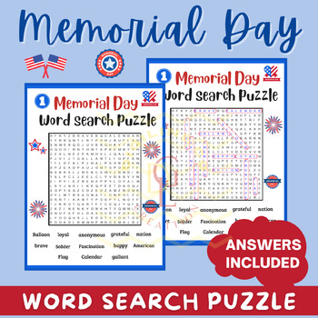 Preview of Memorial Day Word search game sight Word problem activities middle high school