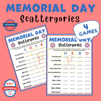Preview of Memorial day Scattergories game Puzzle riddles sight word middle high school 6th