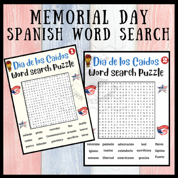 Preview of Memorial day word search problem SPANISH Día de los Caídos crossword activities
