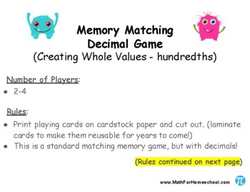 Preview of Memory Matching Card Game (Decimals - hundredths)