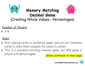 Preview of Memory Matching Card Game (Percentages)