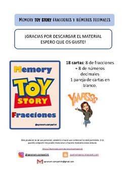 Preview of Memory Toy Story - fracciones y numeros decimales! - distance learning - (ESP)