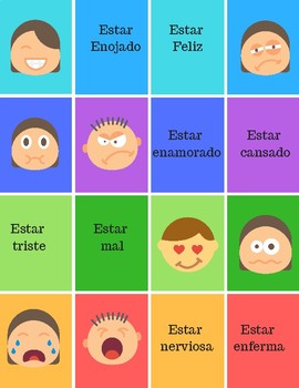 Memory game Spanish emotions- with Estar masculine and feminine | TpT