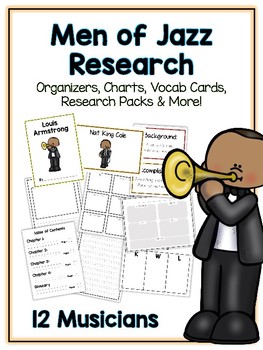 Preview of Men of Jazz Research Project - 12 Musicians Vocab Cards, Packet, Book + More!