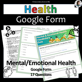 Preview of Mental Emotional Vocabulary Quiz| Google Form | Health