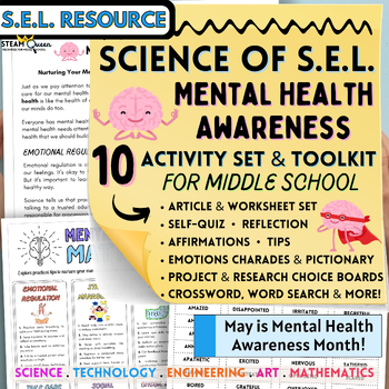 Preview of Mental Health Awareness Month! 10 Activity Set Middle School Article Games More!