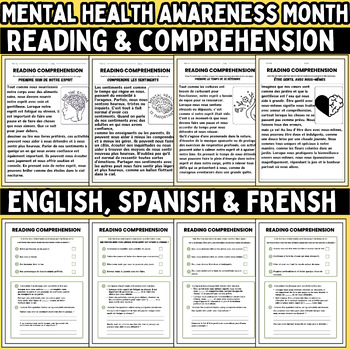 Preview of Mental Health Awareness Month english,spanish & frensh  Comprehension bundle