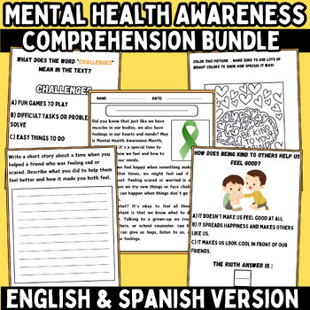 Preview of Mental Health Awareness Month englsih & spanish Comprehension Passage bundle
