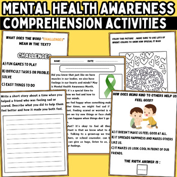 Preview of Mental Health Awareness Month moral values Comprehension Passage activities