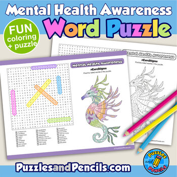 Preview of Mental Health Awareness Word Search Puzzle with Coloring Activity | MHA Month