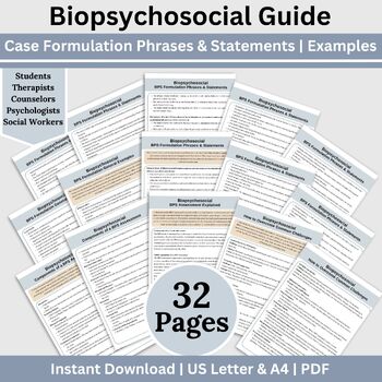 Preview of Mental Health Biopsychosocial Guide, Case Formulation Phrases, Cheat Sheet