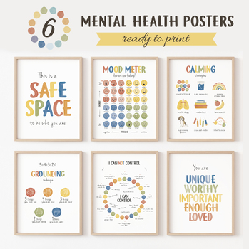 Preview of Mental Health Bundle, 6 Therapy Office Decor Posters, Coping Skills.