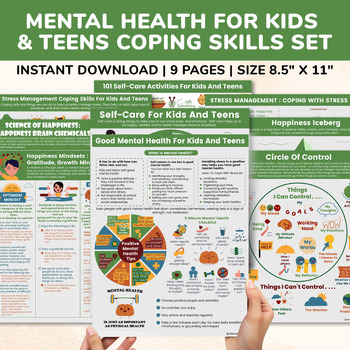 Preview of Mental Health Coping Skills Bundle-Stress Strategies-Self Esteem Care Check In
