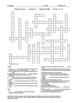 Mental Health HS Health Science and PE Crossword with Word Bank