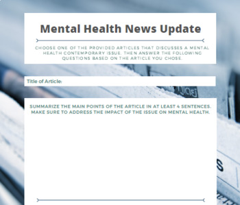 Preview of Mental Health Current Event News Update Worksheet