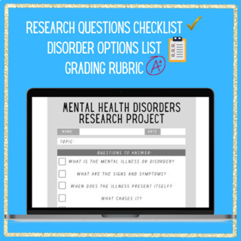 Preview of Mental Health Illness Disorder RESEARCH PROJECT w/ Checklist & Grading Chart