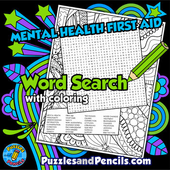 Preview of Mental Health First Aid Word Search Puzzle Activity Page & Mindfulness Coloring