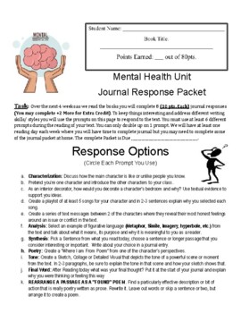 Preview of Mental Health Literature circle unit reading activity Journal packet