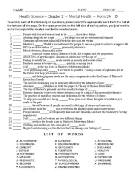 Mental Health - HS and MS Health Science and PE - Matching Worksheet ...