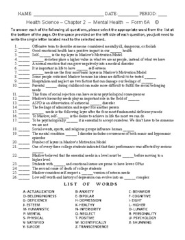 Preview of Mental Health - HS and MS Health Science and PE - Matching Worksheet – Form 3